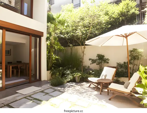 Modern Patio with White Umbrella and Lush Greenery