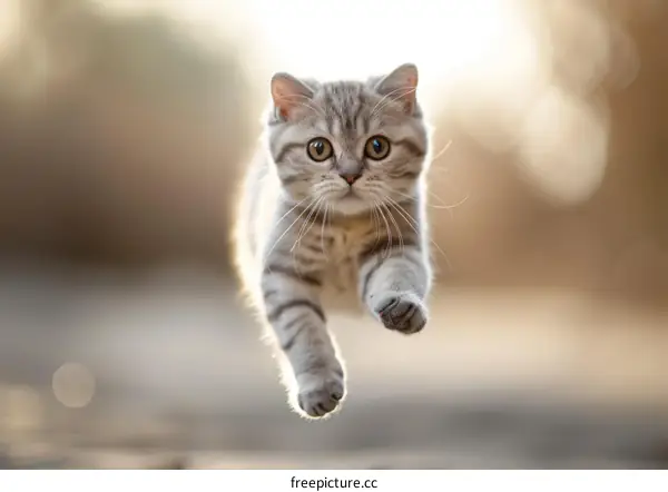 A cute tabby kitten is running towards the camera