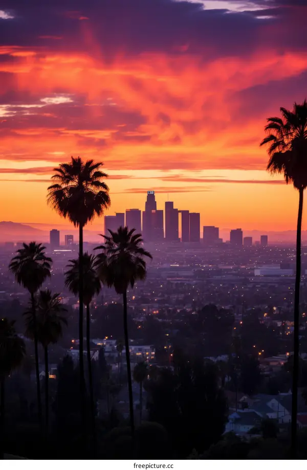 Palm trees and buildings in Los Angeles at sunset