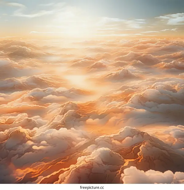 Surreal painting of a sea of clouds with a bright shining sun above