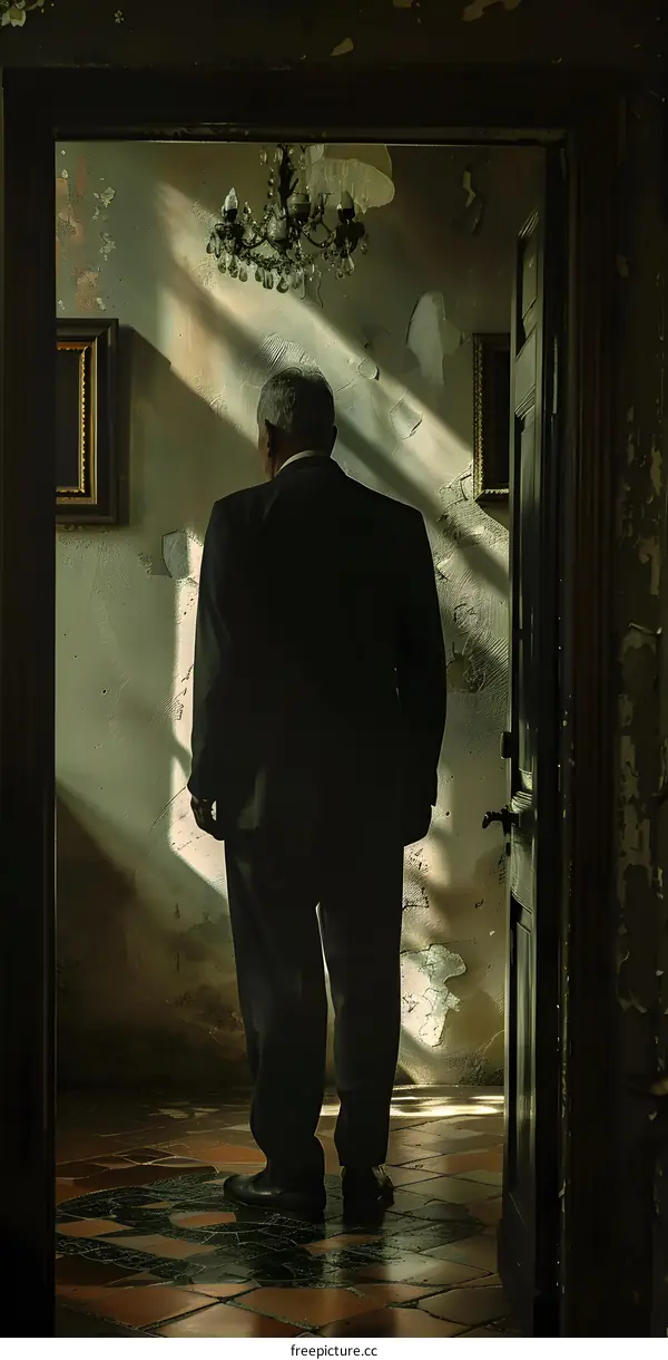 man in suit standing in dark room with light shining through window