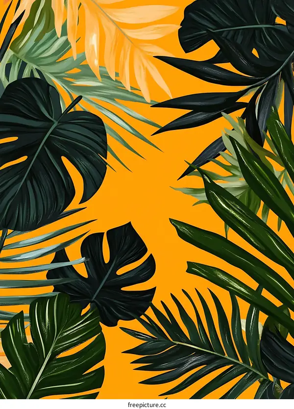 Tropical Leaves Illustration on Yellow Background