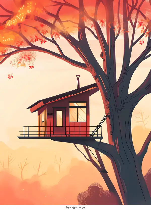 Autumn Treehouse Illustration With Red Roof and Wooden Walls