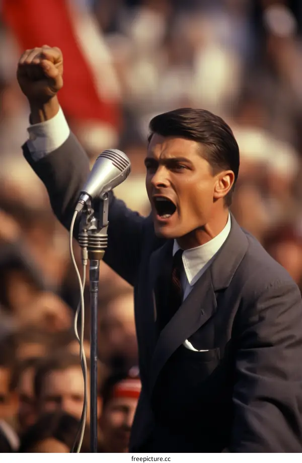 A man giving a speech in front of a crowd
