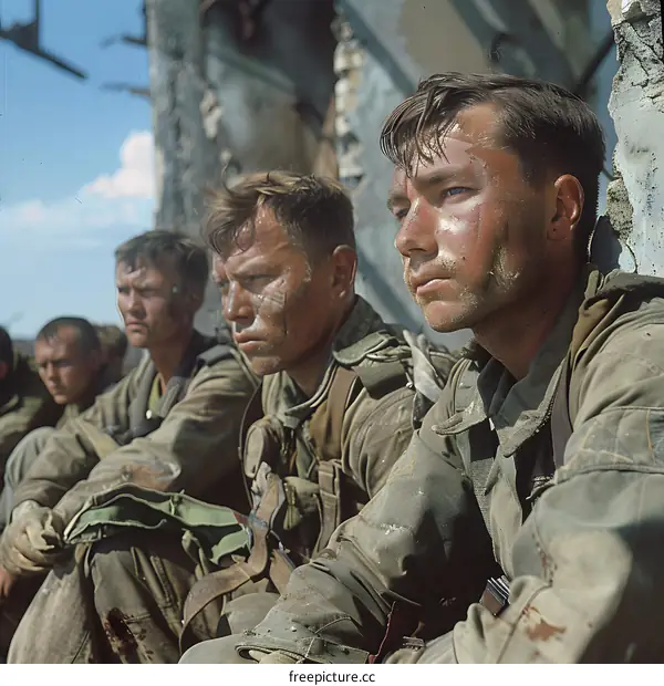 A group of soldiers take a break during the Battle of Okinawa.