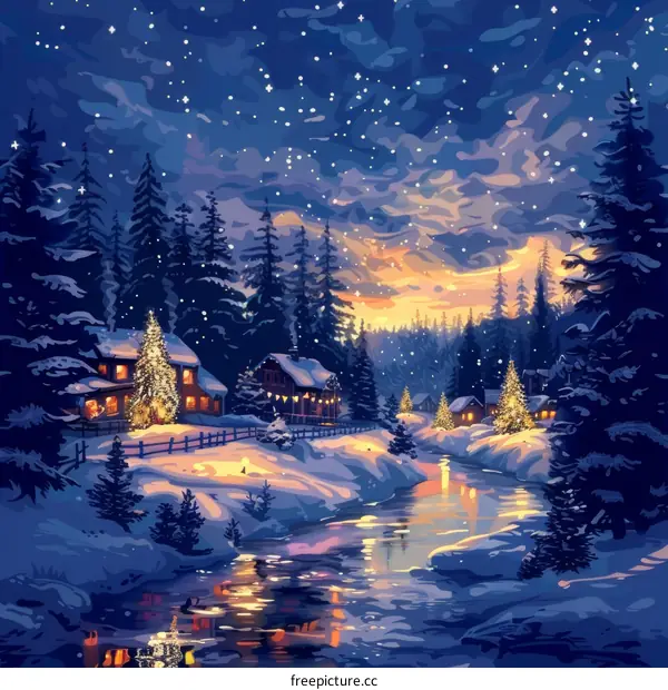 Snowy Winter Night in Tranquil Village