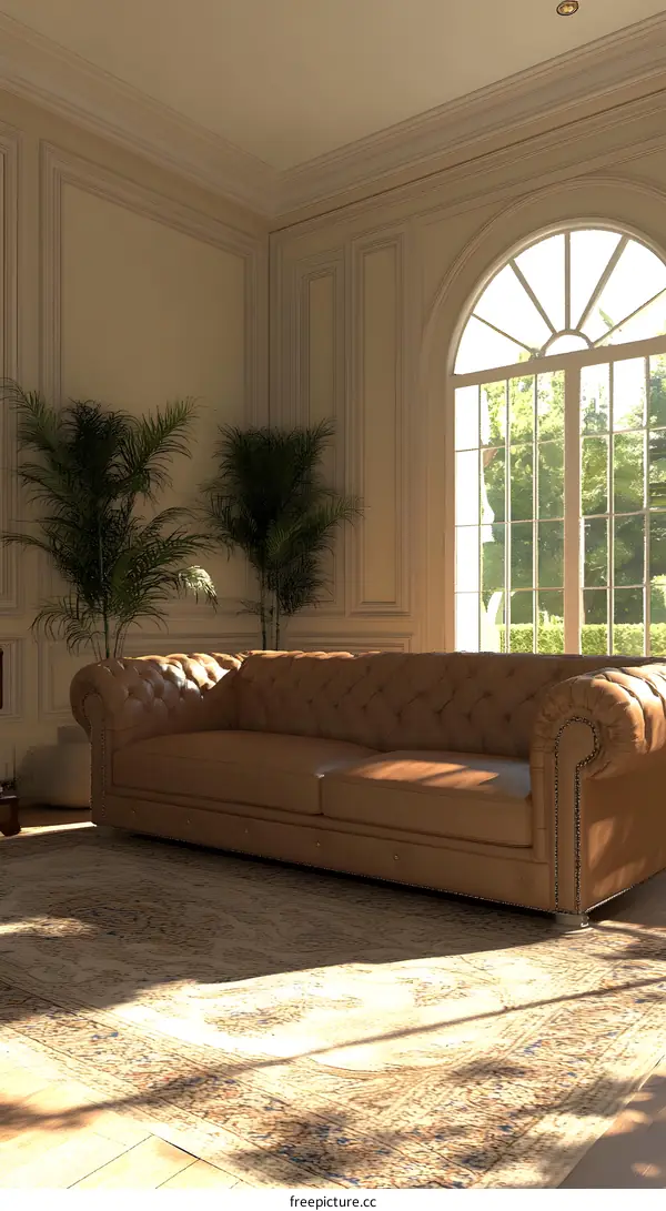 Elegant Living Room Interior Design with Leather Sofa and Palm Trees