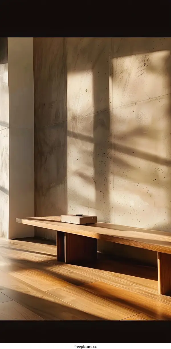 Minimalist Wooden Bench Against a Concrete Wall with Sunlight
