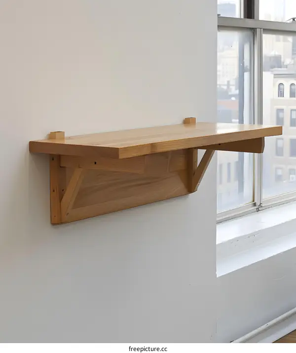 Simple Wood Shelf Mounted on White Wall with Window View