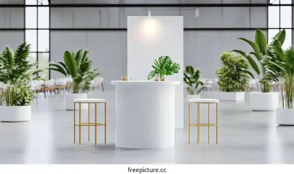 Modern Event Space with White Bar and Plants