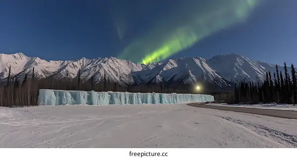 Northern Lights Over Snowy Mountains And Ice Wall