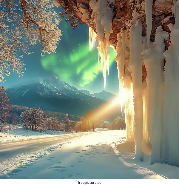 Snowy Mountains Aurora Borealis View Through Ice Cave