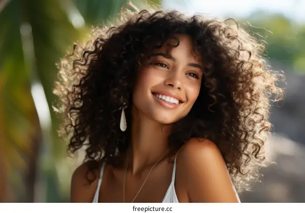 portrait of a smiling young woman with curly hair