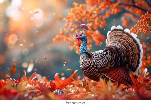 A turkey standing in an autumn forest