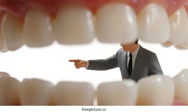 Miniature Businessman Pointing Inside Large Human Mouth with Teeth