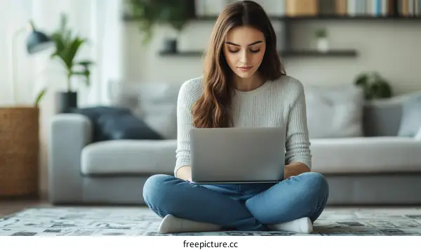 Young Woman Working on Laptop at Home