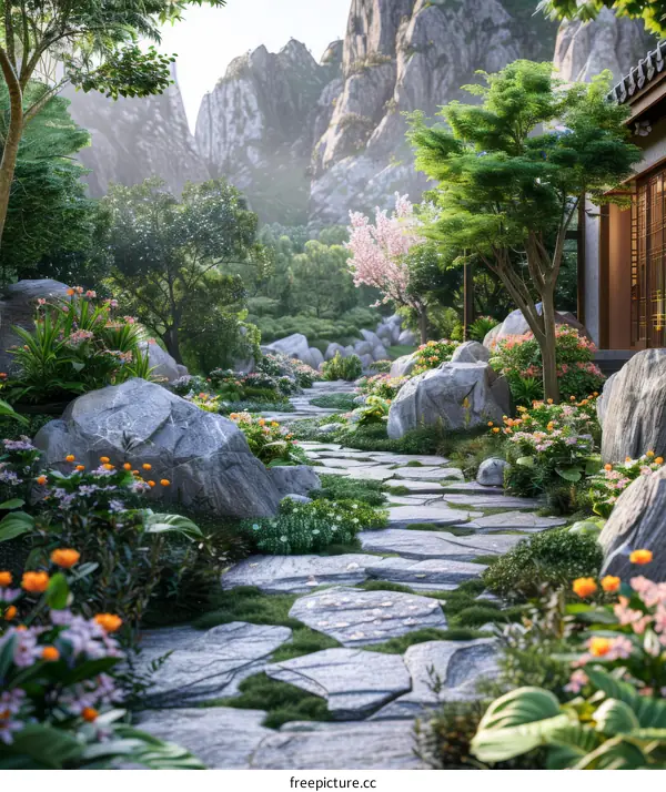 A Pathway to the Temple Surrounded by Mountains