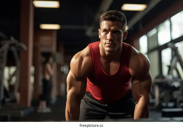 muscular man in red tank top working out in gym