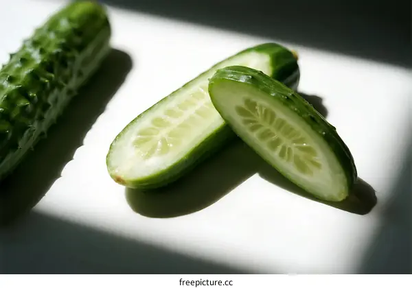 Fresh Green Cucumber Slices on White Plate with Natural Light