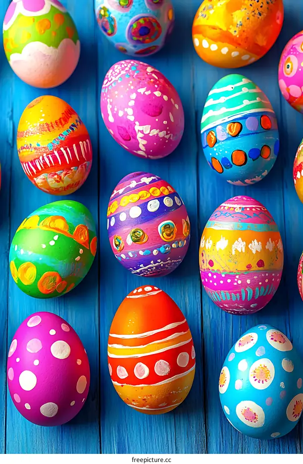 Colorful Easter Eggs on a Blue Wooden Background