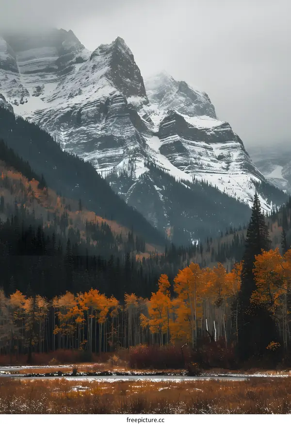 Snow Capped Mountains With Fall Foliage