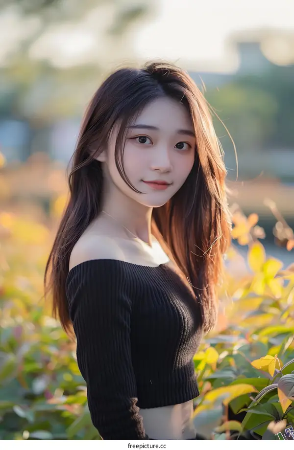 Beautiful Asian Woman Portrait in a Black Top with Long Hair in a Lush Green and Yellow Garden