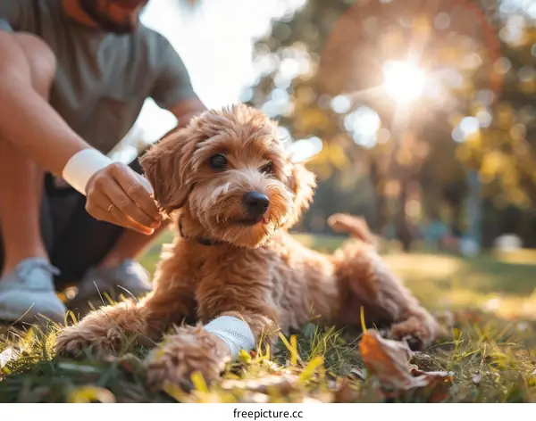 A man is putting a bandage on his dog's injured paw
