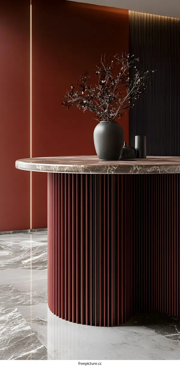 Modern Interior Design with Red Wall and Marble Table