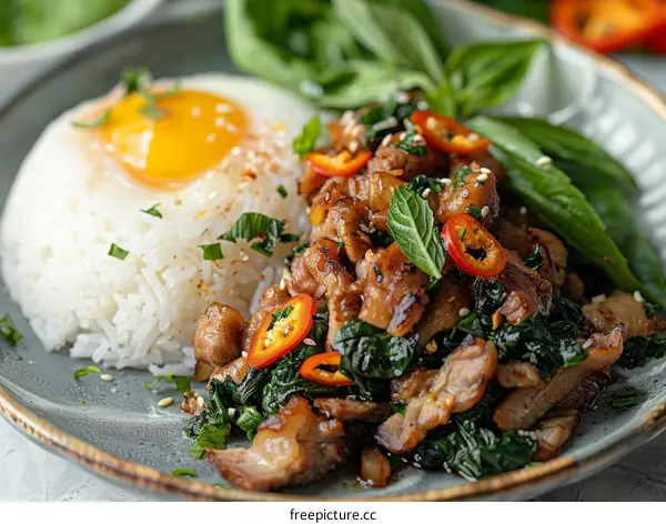 Pad kra pao with fried egg and rice