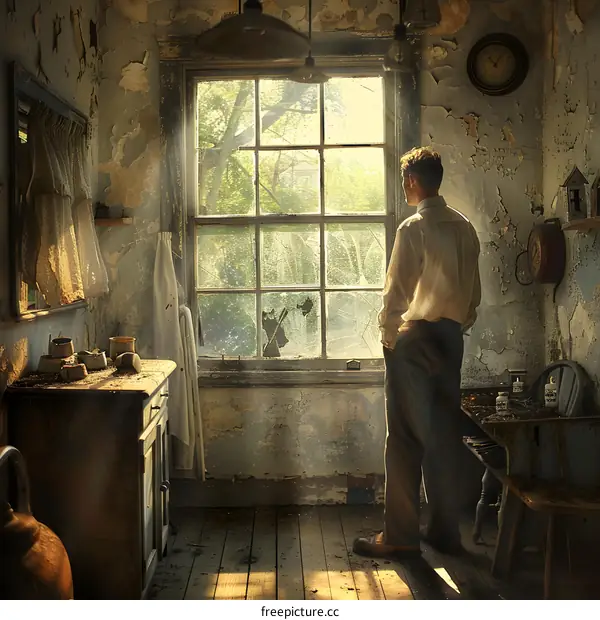 Man standing in a room with a broken window