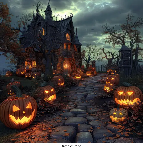 Spooky Haunted House with Pumpkins on Halloween Night