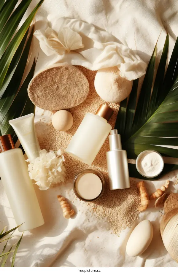 Natural skincare products with rice grains and palm leaves