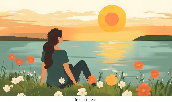 Woman Sitting by the Lake at Sunset