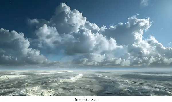Cumulus clouds over a vast plain