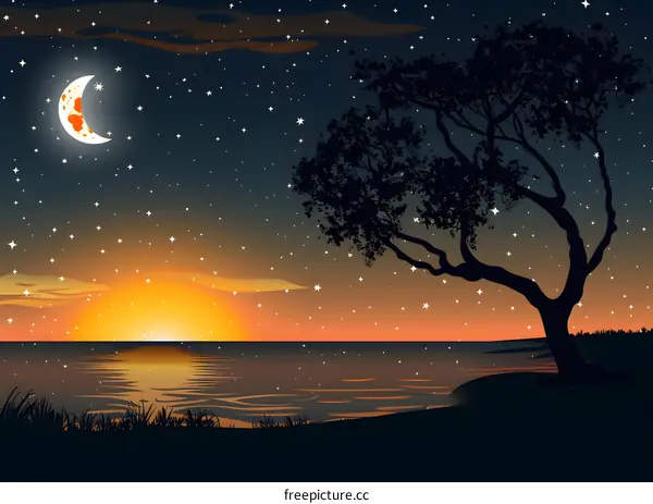 Silhouette Tree Night Sky with Moon and Stars