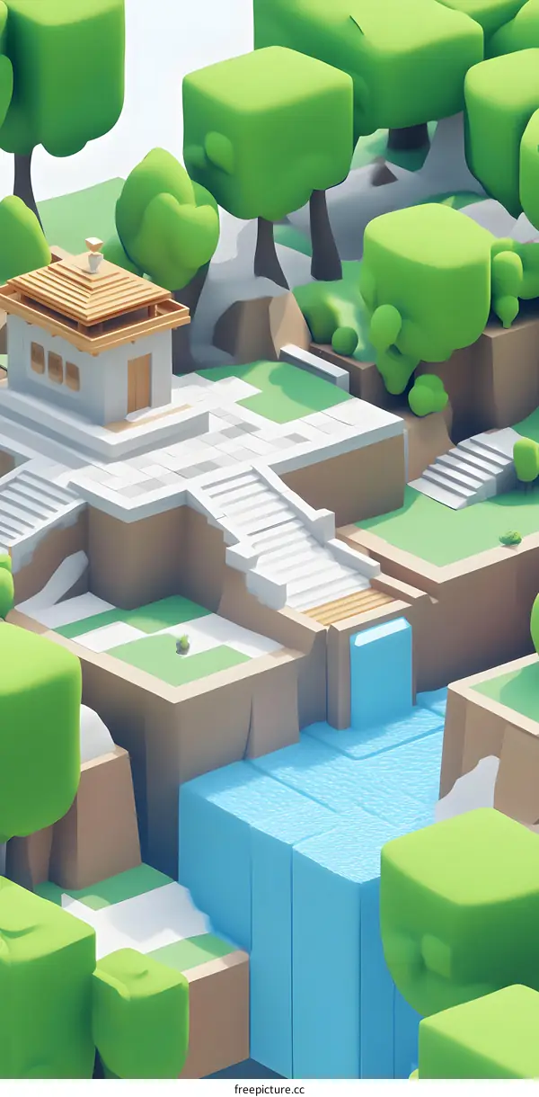 Low Poly 3D Illustration of a Green Landscape with a Waterfall and a Small House