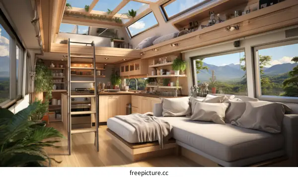 The interior of a cozy and modern tiny house with a kitchen, living area, and sleeping loft