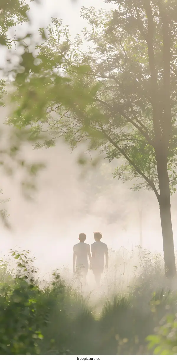 Two People Holding Hands Walk Through Misty Forest