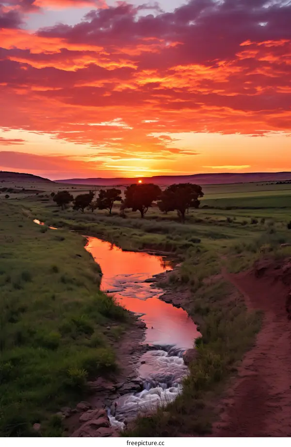 sunset river landscape nature sky red orange clouds trees water reflection