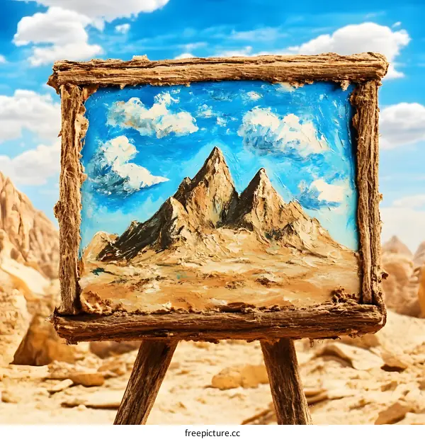 Mountain Landscape Painting On Wooden Easel In Desert