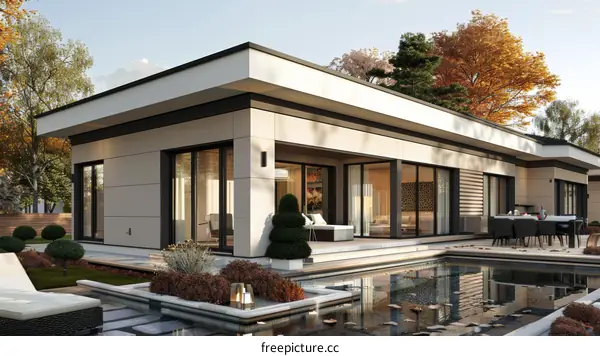 Modern House with Swimming Pool in Autumn