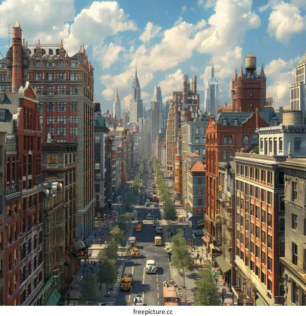 Vintage City Street Scene with Numerous People