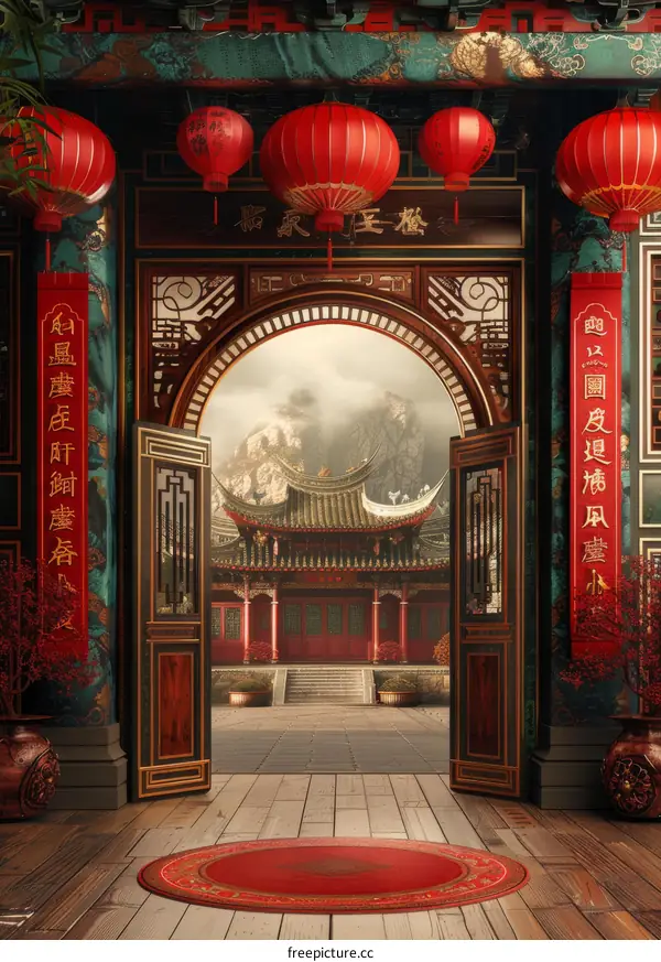A Chinese Courtyard with Red Lanterns