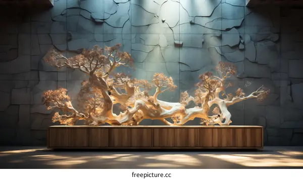 Large bonsai tree made of wood in front of a stone wall