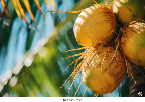 Three ripe coconuts hanging on a coconut tree