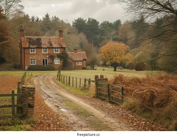 A winding road leads to a small brick house in the countryside