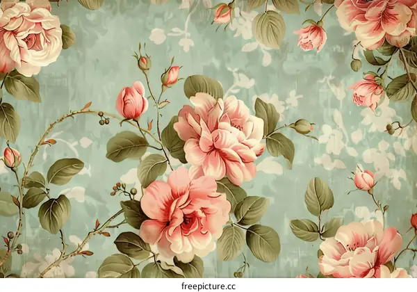 pink roses with green leaves on a blue background