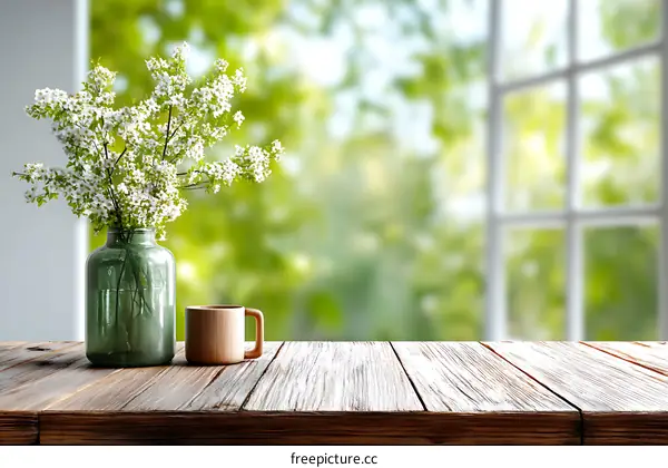 Springtime Tabletop with Vase and Flowers View of a Window