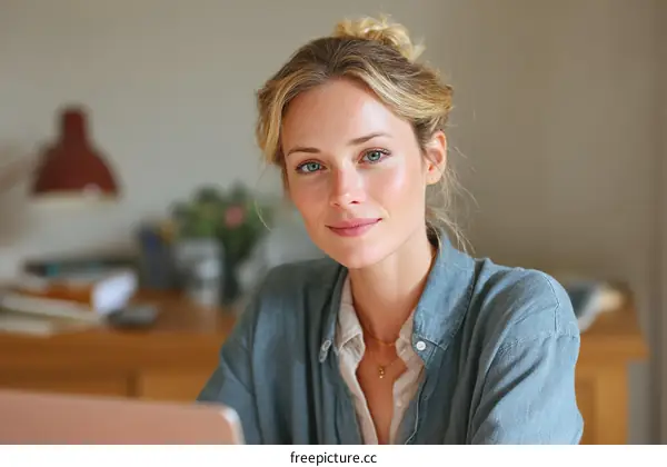 Woman Working on Laptop in a Home Office Setting