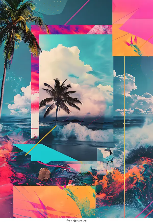 Tropical Beach Sunset Collage Artwork